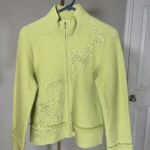 Coldwater Creek 100% Wool Zip Jacket Floral Embroidered Green Size M
